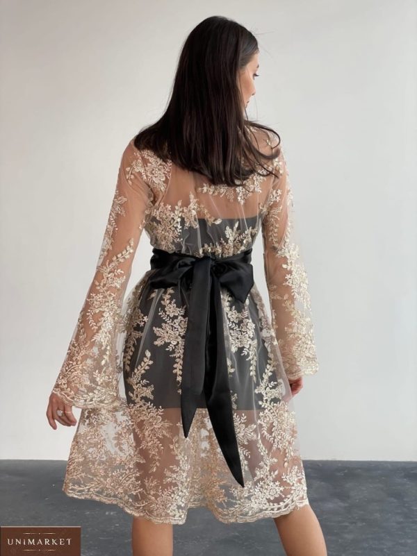Купить бежевое женское двойное платье с вышивкой на сетке (размер 42-48) в интернете