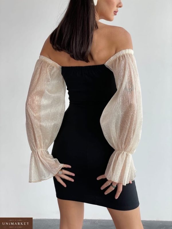 Придбати беж жіноча сукня міні з рукавами з органзи (розмір 42-60) вигідно
