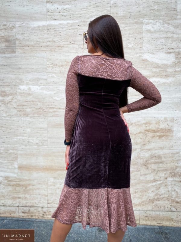Приобрести на распродаже женское бархатное платье в кружевом (размер 50-56) кофейного цвета