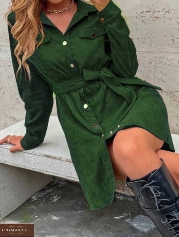 Купити зелене хакі жіноче замшеве плаття-сорочка в Україні