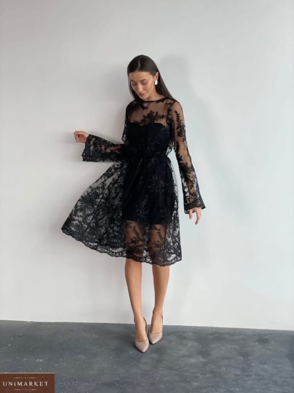 Купити чорну подвійну сукню з вишивкою на сітці (розмір 42-48) для жінок