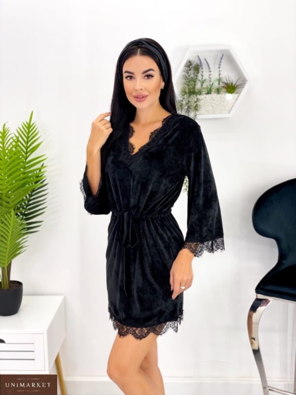 Замовити чорну жіночу домашню сукню з пов'язкою (розмір 42-48) онлайн