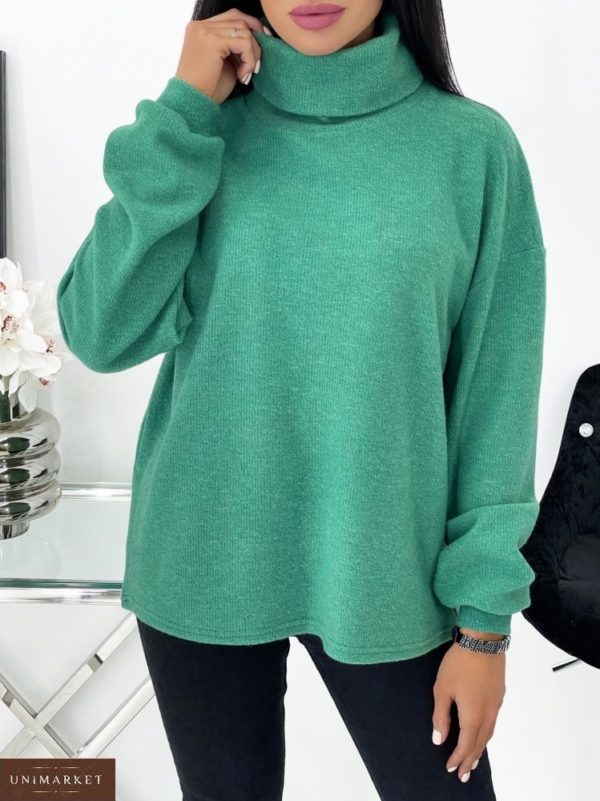 Купить по скидке зеленый женский свободный свитер с воротником (размер 42-48)