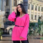 Купить розовую тунику с широкими рукавами и поясом (размер 42-58) в интернете для женщин
