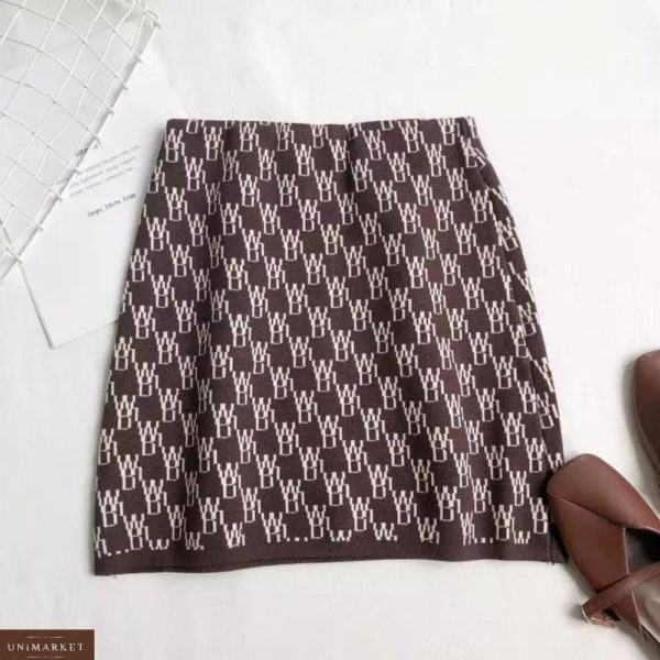 Купить выгодно юбку плотной машинной вязки с узором коричневую для женщин