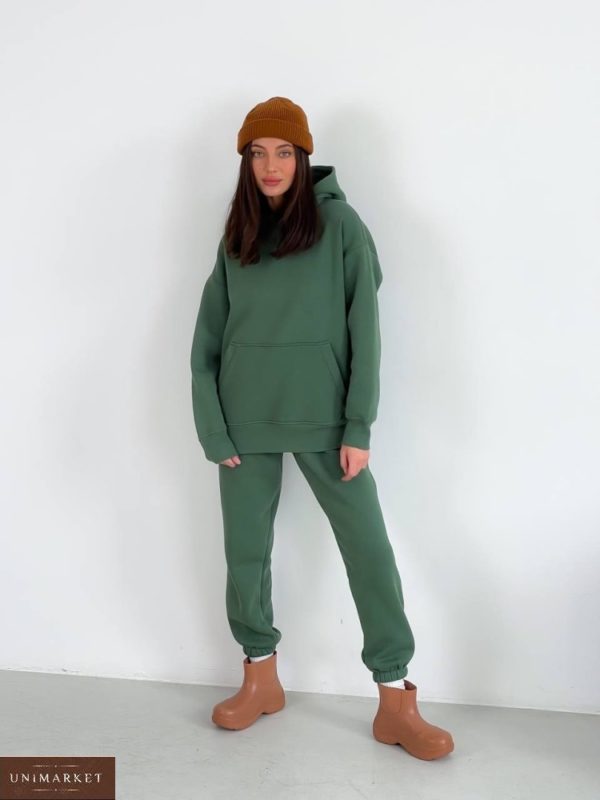 Купити зелений теплий костюм з худі (розмір 42-48) для жінок недорого