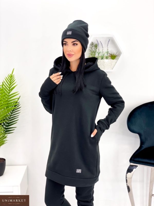 Приобрести черный женский Костюм с удлиненным худи и шапкой (размер 42-52) онлайн