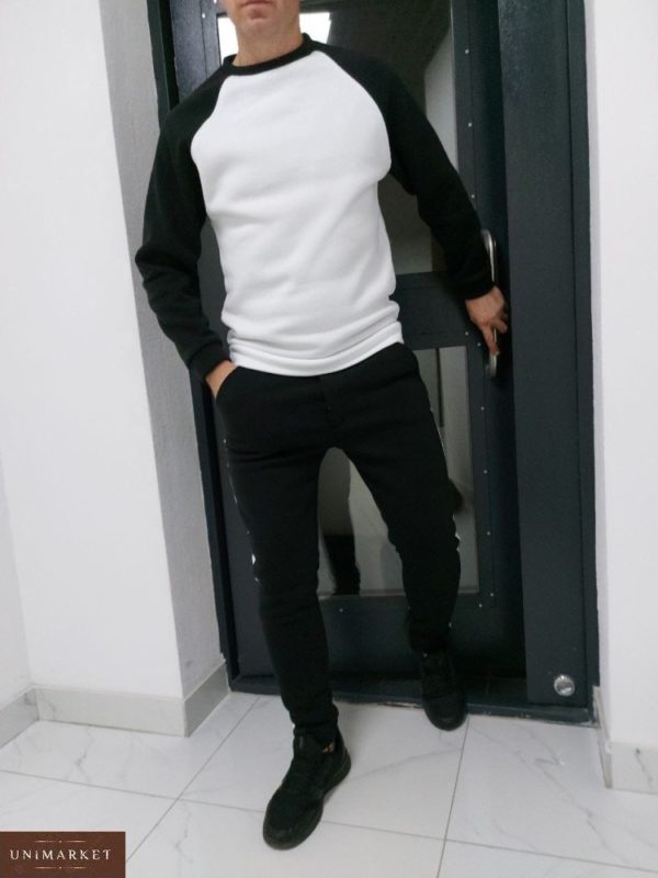 Купити чорно-білий чоловічий спортивний костюм з рукавом реглан в Україні