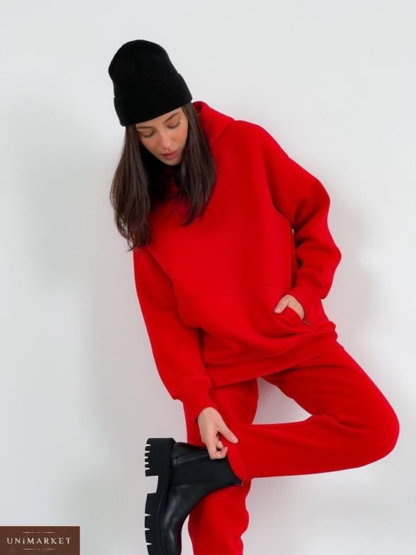 Заказать красного цвета женский тёплый костюм с худи (размер 42-48) по скидке