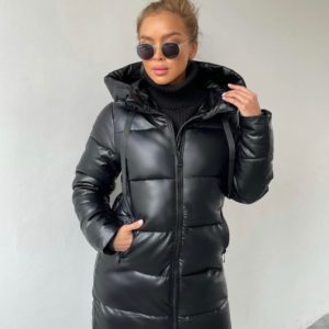 Приобрести черную женскую удлиненную куртку из эко кожи онлайн
