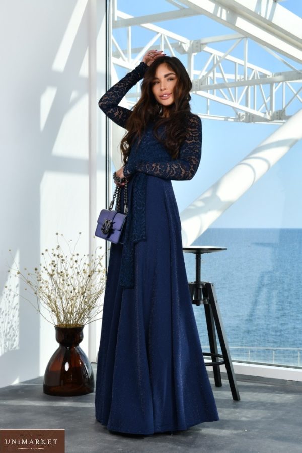 Купити вигідно синє плаття в підлогу з гіпюром (розмір 42-52) для жінок