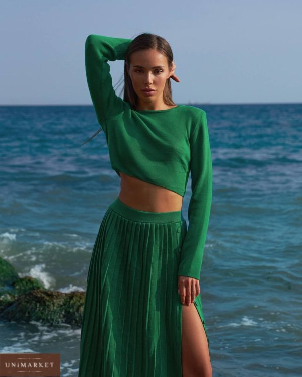 заказать женский костюм из вискозы зеленого цвета юбка + топ с длинными рукавами недорого в онлайн магазине
