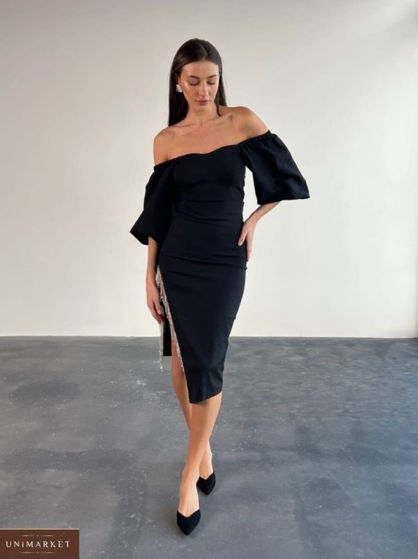 Купити чорну жіночу блузу з об'ємними рукавами (розмір 42-48) за знижкою