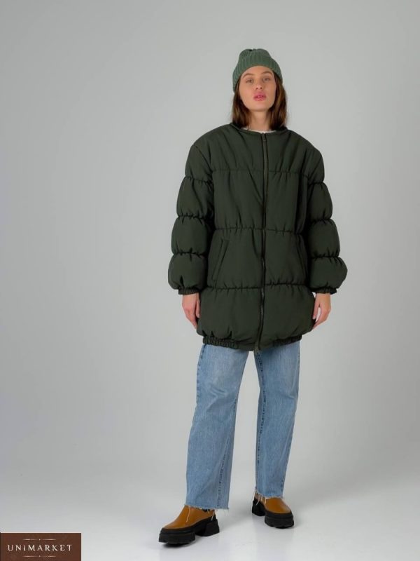 Купить хаки зимнюю куртку бомбер (размер 42-48) для женщин онлайн