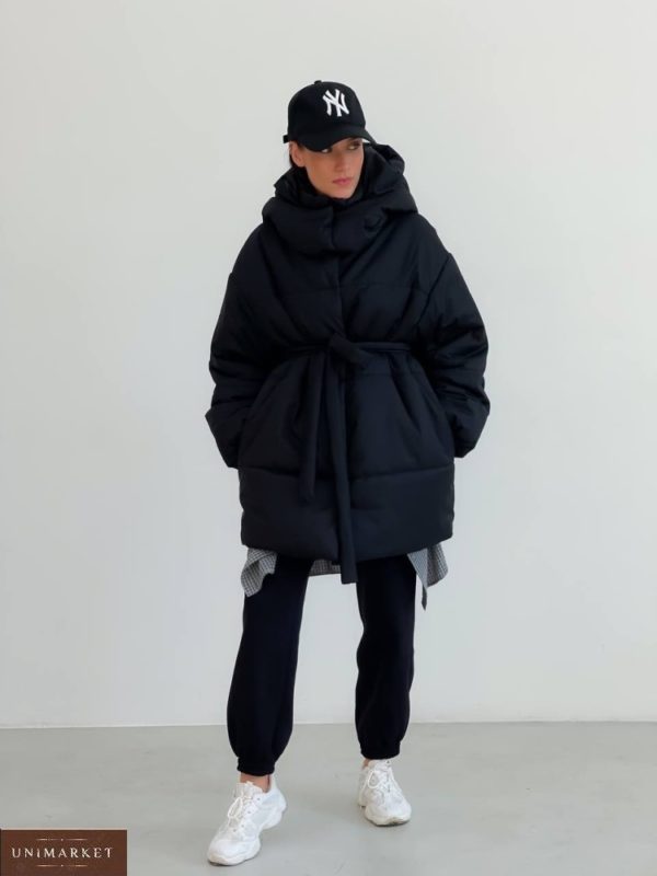 Купити дешево чорну непромокаючу куртку оверсайз (розмір 42-48) для жінок