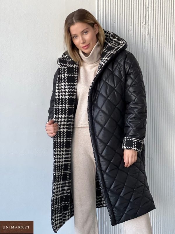 Заказать черное женское двустороннее пальто на запах (размер 42-58) недорого