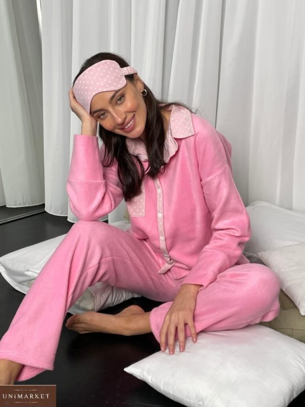 Заказать на новый год розовую тёплую пижаму с маской (размер 42-52) для женщин