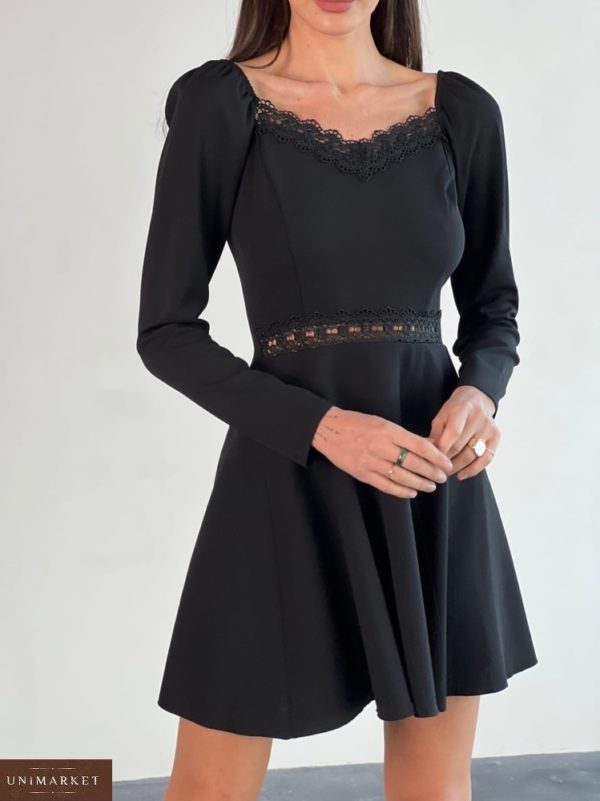 Заказать черное женское платье с кружевными вставками и шнуровкой (размер 42-64) по скидке