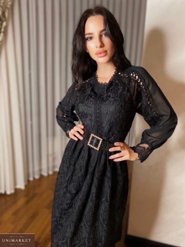 Замовити за низькими цінами жіноча сукня міді з прозорими рукавами чорного кольору