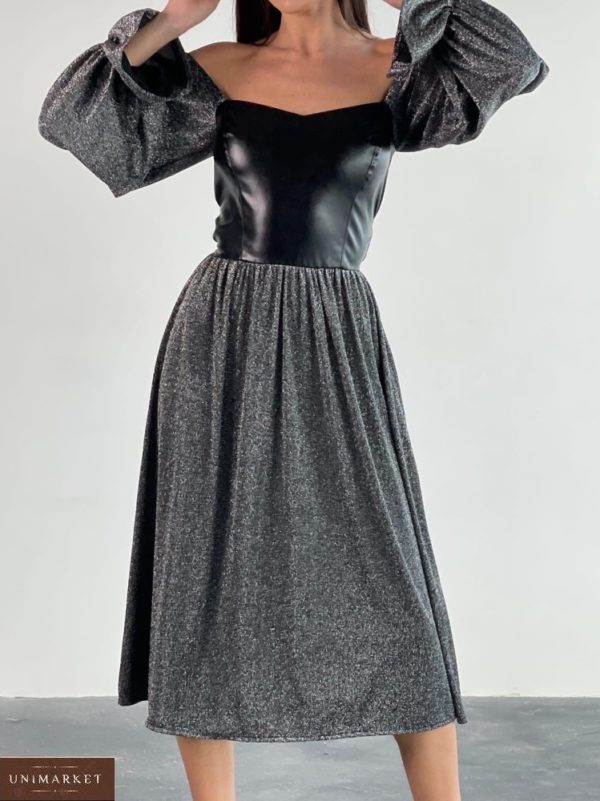 Заказать онлайн серое женское платье с люрексом и кожей (размер 42-64)