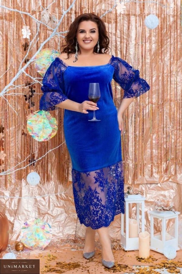 Заказать женское синее бархатное платье с сеткой (размер 42-64) онлайн