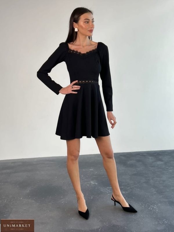 Купить в интернете черное платье с кружевными вставками и шнуровкой (размер 42-64) для женщин
