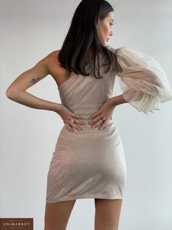 Придбати бежеву міні сукню з одним рукавом (розмір 42-48) для жінок в інтернеті
