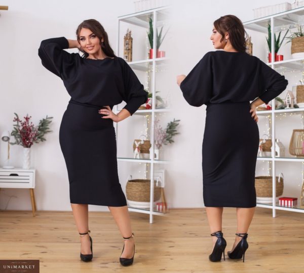 Приобрести черное женское платье рубчик с объемными рукавами (размер 42-56) в интернете