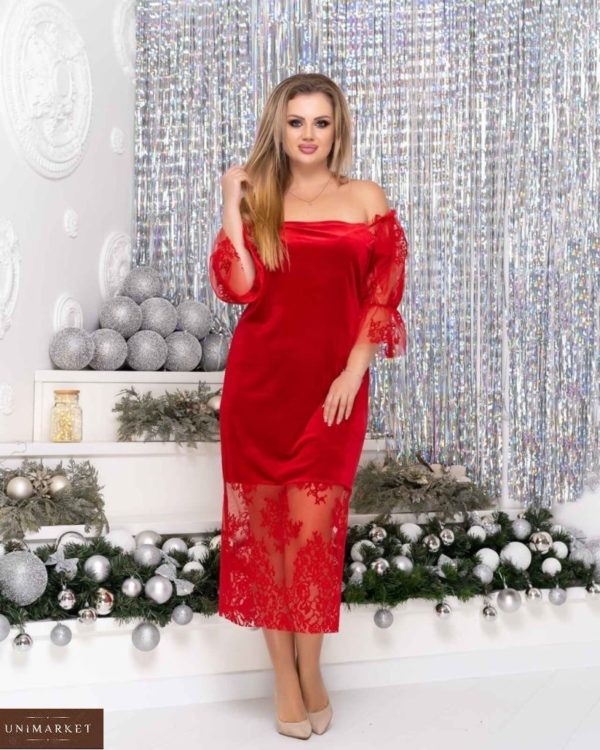 Купить красное женское бархатное платье с сеткой (размер 42-64) в интернете