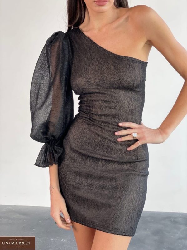 Купити в інтернеті чорну міні сукню з одним рукавом (розмір 42-48) для жінок