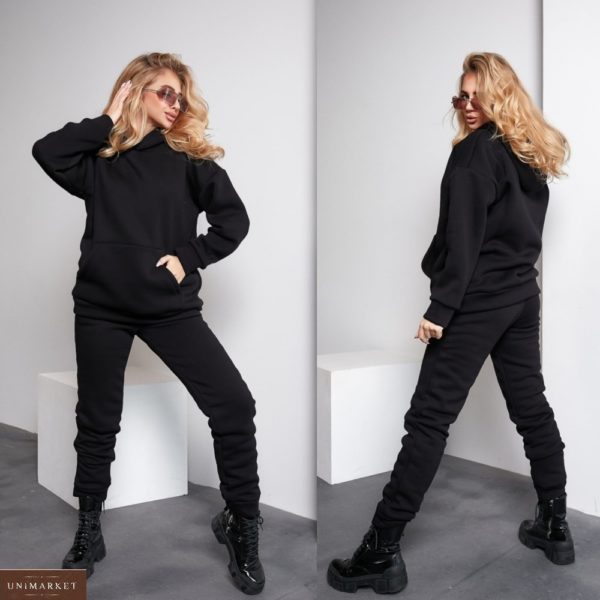 Купить черный женский спортивный костюм с мехом тедди (размер 42-54) дешево