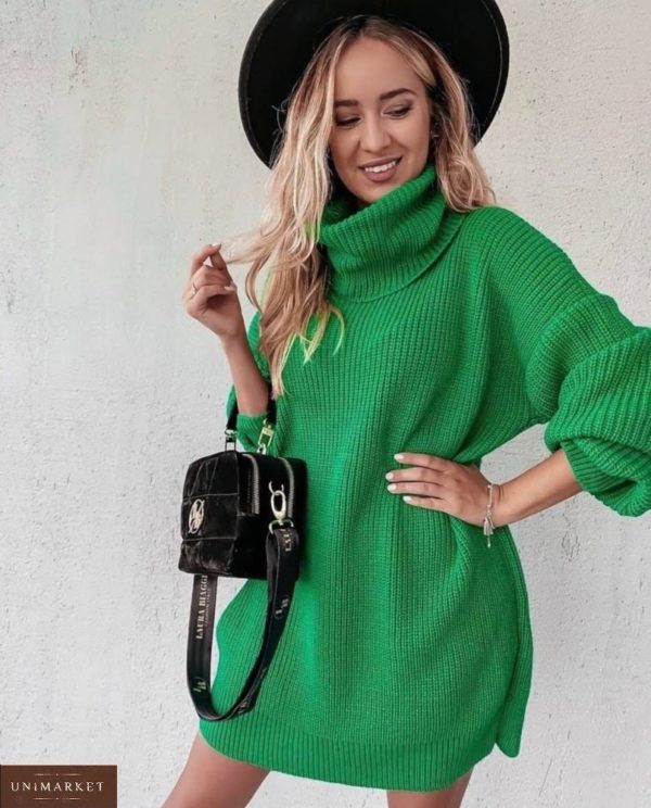 Приобрести зеленого цвета вязаную тунику оверсайз с горлом для женщин дешево