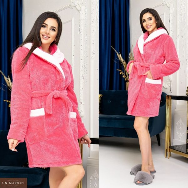 Заказать розовый женский короткий халат с капюшоном (размер 42-58) по скидке