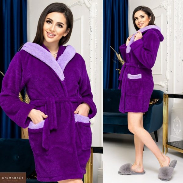 Замовити фіолетовий жіночий короткий халат з капюшоном (розмір 42-58) дешево