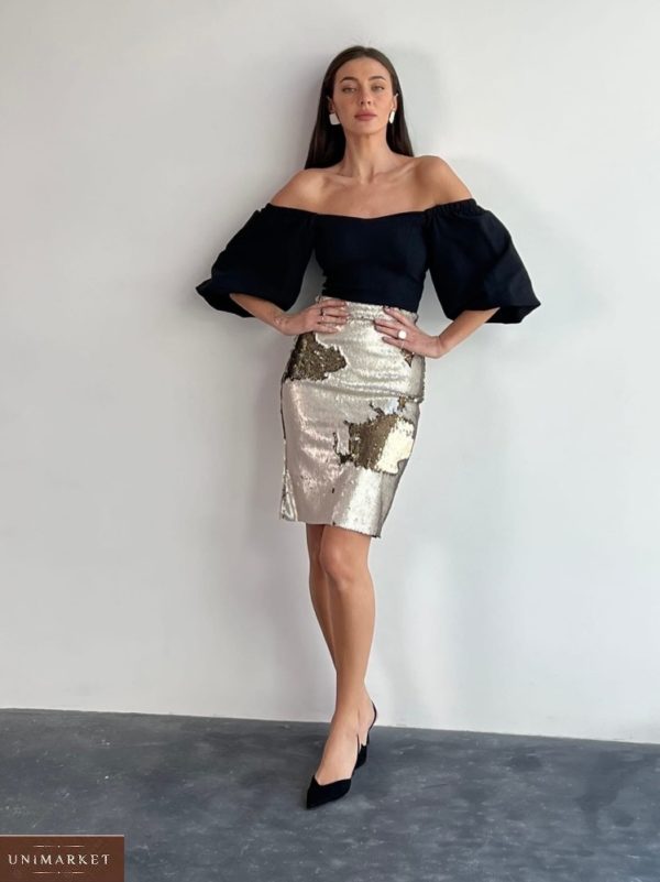 Купить на корпоратив женскую юбку в двустороннюю пайетку (размер 42-48) золотого цвета