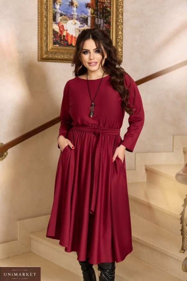 Замовити онлайн марсала коктейльне плаття з довгим рукавом (розмір 42-56) для жінок