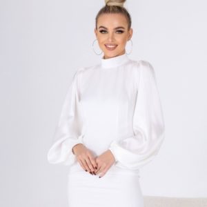 Замовити біле жіноче плаття з шовковими рукавами по знижці