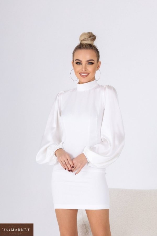 Замовити біле жіноче плаття з шовковими рукавами по знижці