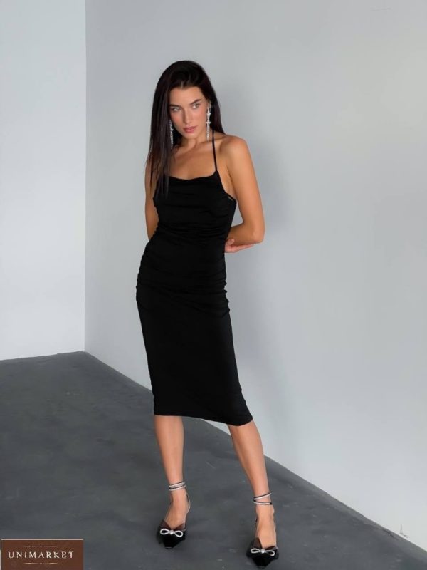 Купити дешево жіночу трикотажну коктейльну сукню чорну