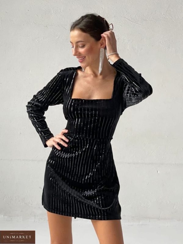 Заказать черное женское бархатное платье с пайетками (размер 42-52) онлайн