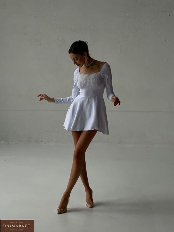 Купити жіноче плаття міні з пір'ям (розмір 42-52) біле онлайн