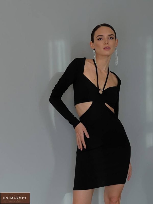 Заказать черное женское платье с вырезами и длинным рукавом недорого