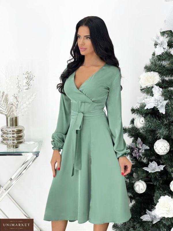 Купити дешево жіночу шовкову сукню з довгим рукавом (розмір 42-48) кольору оливка