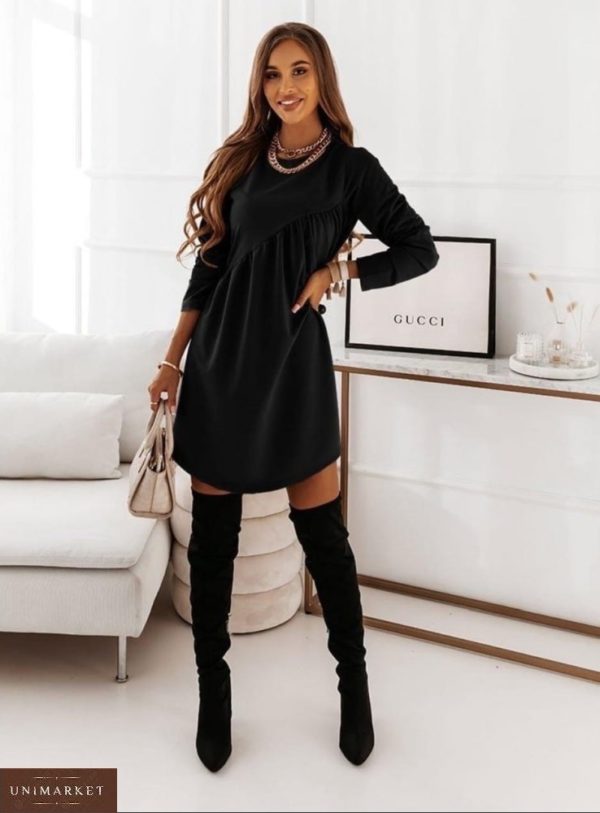 Купити чорну вільну сукню з довгим рукавом (розмір 42-48) для жінок в Україні