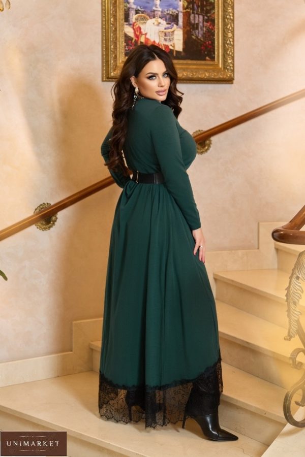 Заказать онлайн зеленое тёплое платье в пол с брошью (размер 50-56) для женщин