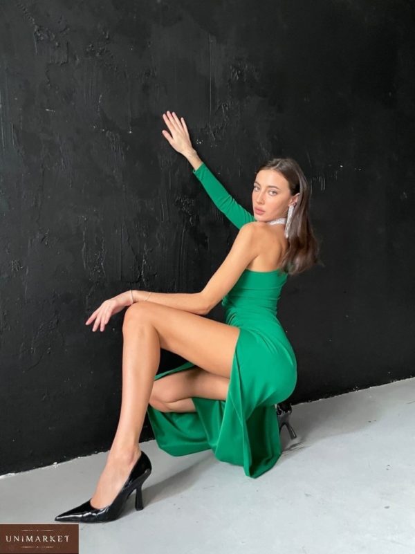 Замовити онлайн зелена жіноча вечірня сукня з одним рукавом (розмір 42-48)