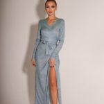 Купити блакитне жіноче плаття максі на запах з гліттером (розмір 42-48) в Україні