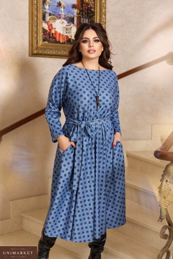 Придбати блакитне плаття в горошок з довгим рукавом (розмір 42-56)  в інтернеті для жінок