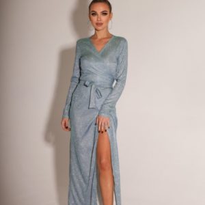 Купить голубое женское платье макси на запах с глиттером (размер 42-48) в Украине