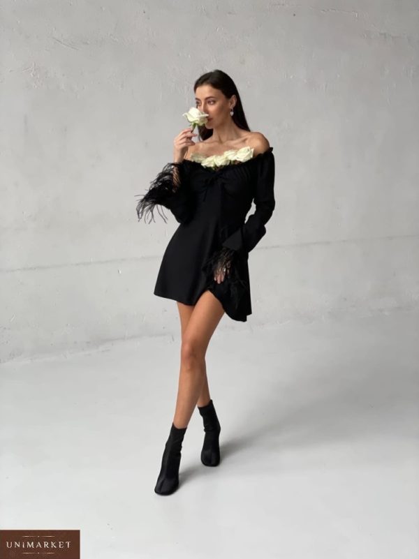 Купити чорна сукня з пір'ям та шнурівкою (розмір 42-52) жіноча по знижці